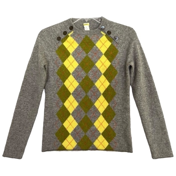 J Crew Y2K Argyle Cardigan Sweater Women's 6 Gray Yellow Fitted Preppy Academia - Picture 1 of 9